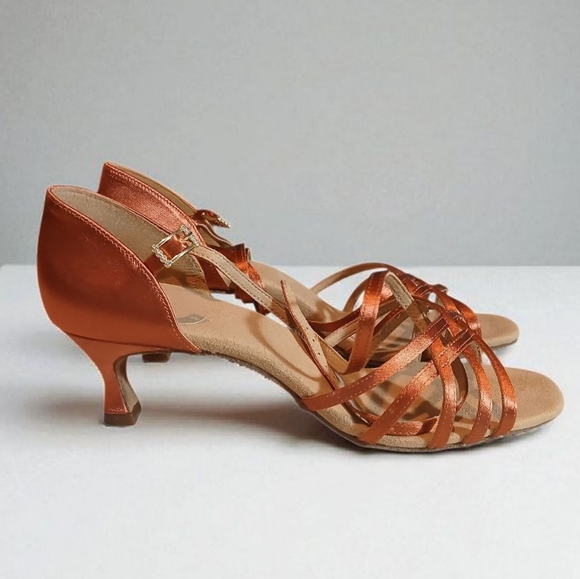 Dance Sport Ross Rose Satin Bronze Heels Womans Strappy 7.5 - Picture 1 of 9